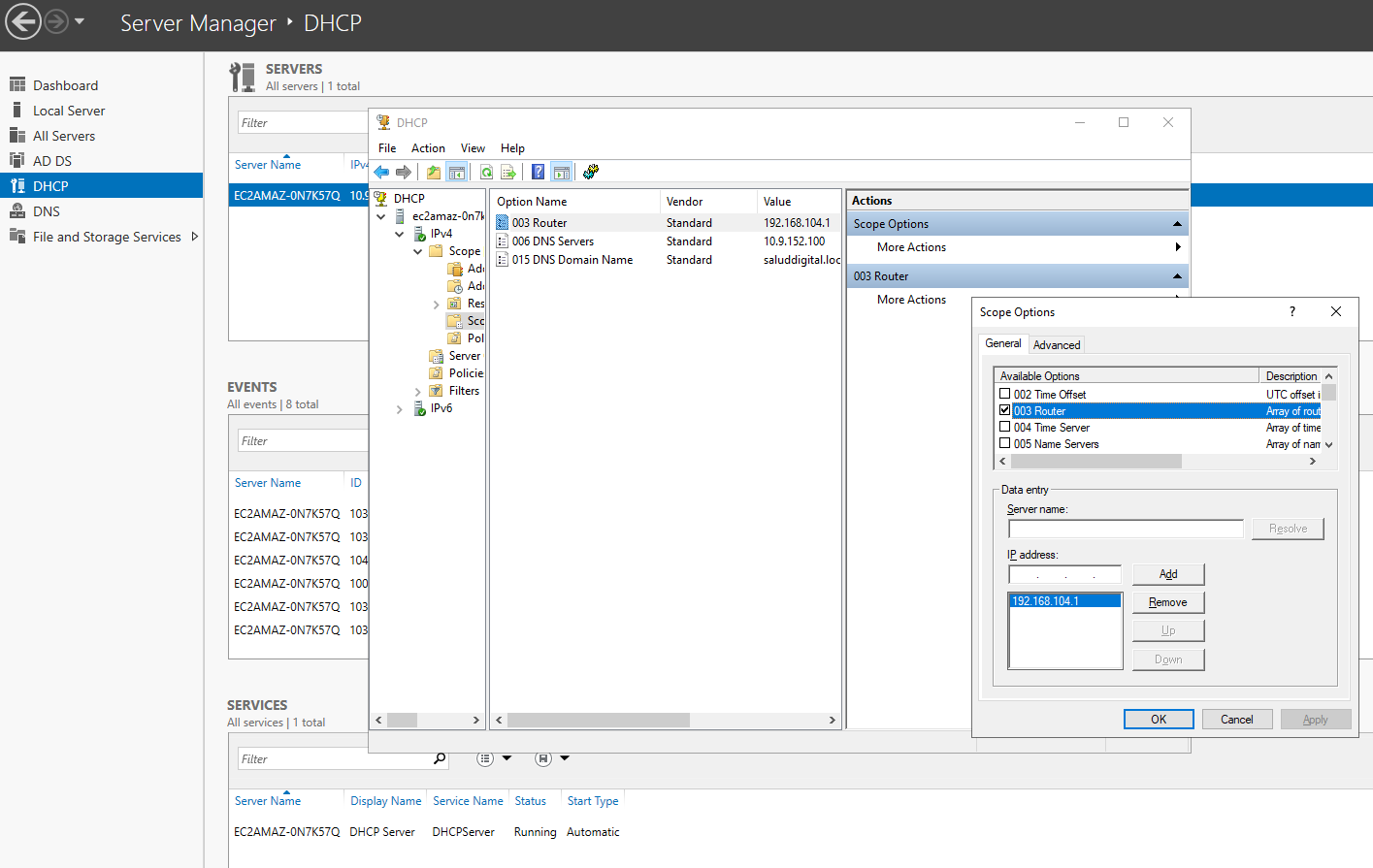 Consola DHCP Server Manager