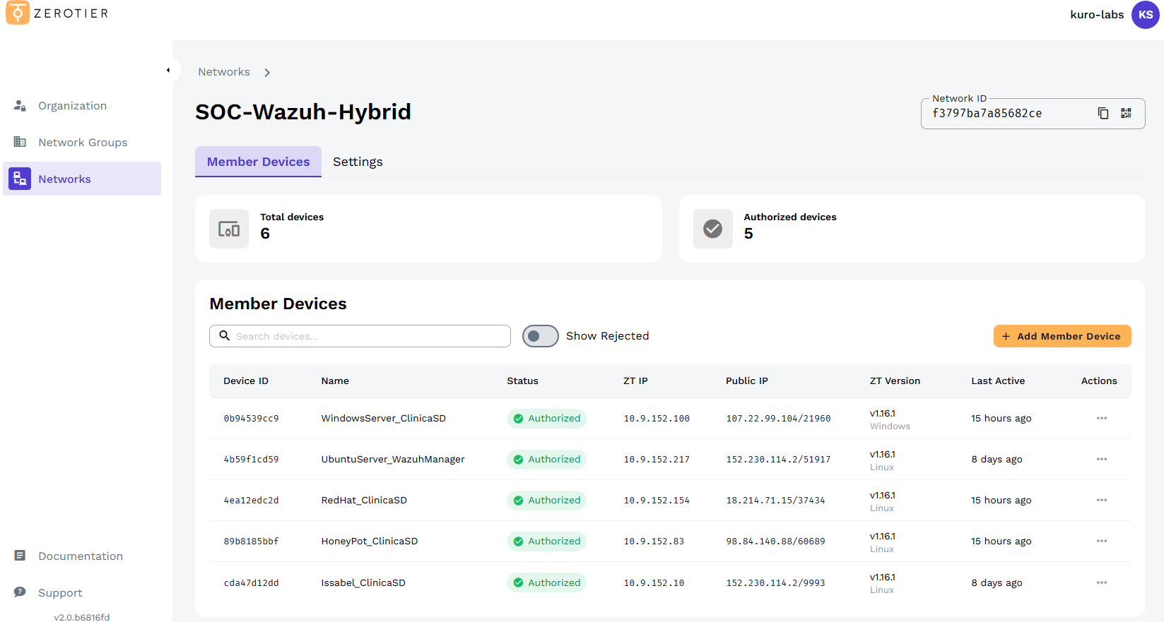 Panel ZeroTier Central Member Devices